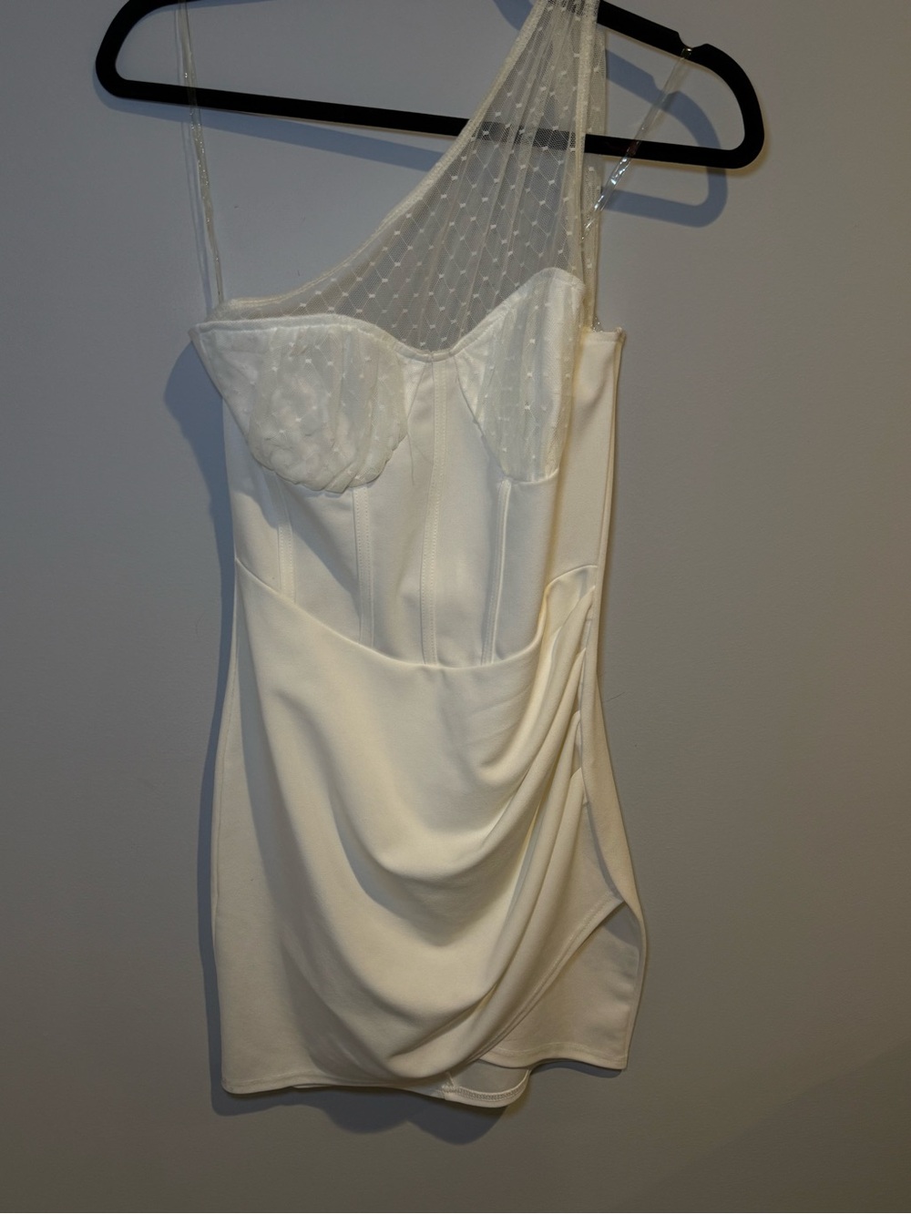 Privy White One Shoulder Ruched Lace Mini Dress Graduation Bridal Size Large NWT